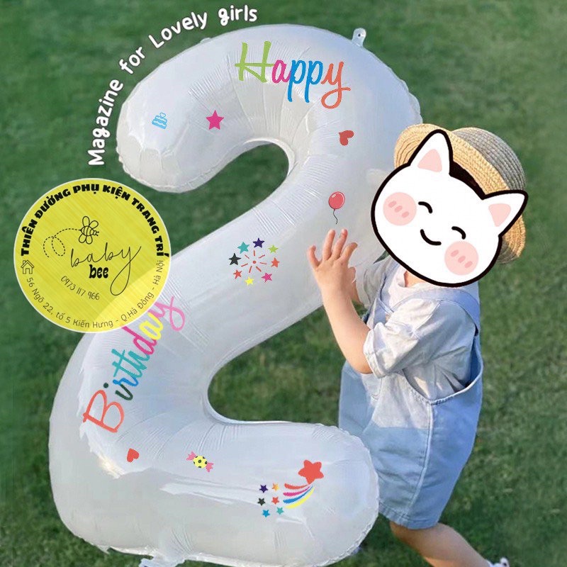 Bóng Số Màu Trắng Kèm Decan Hoạ Tiết Xinh Xắn trang trí sinh nhật nhà Baby bee