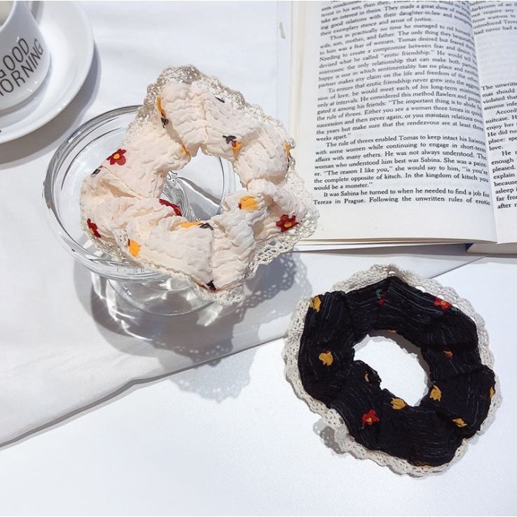 Scrunchies Cột Tóc LIN Họa Tiết Hoa Viền Ren