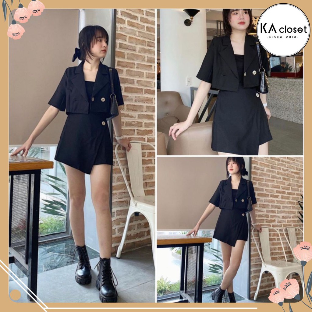 🆕 Set vest crotop KA Closet chất umi mềm dầy mịn, áo vest, quần giả váy