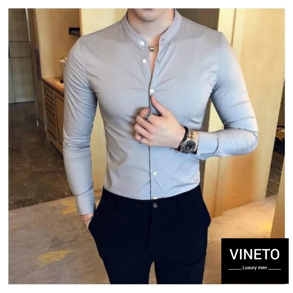 [Mã FASHIONXANH264 giảm 10K đơn 50K] Áo Sơ Mi Nam Cổ Tàu Dáng Ôm Body Hàn Quốc Vải Mịn Mát, Áo Sơ Mi Cổ Trụ Không Nhăn