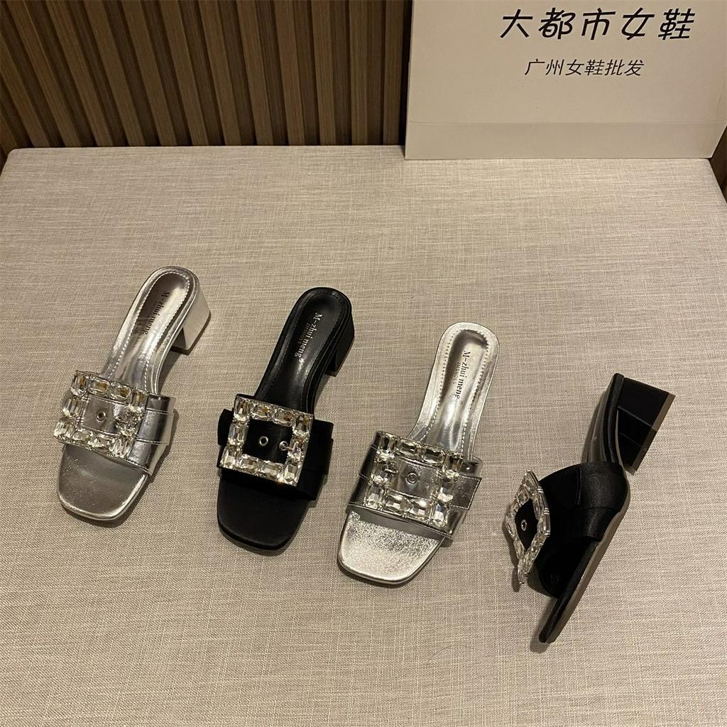 Giày Sandal Cao Gót Đế Thô Quai Đính Đá Vuông Phong Cách Pháp Thời Trang Xuân Hè 2023 Mới Dành Cho Bạn Nữ