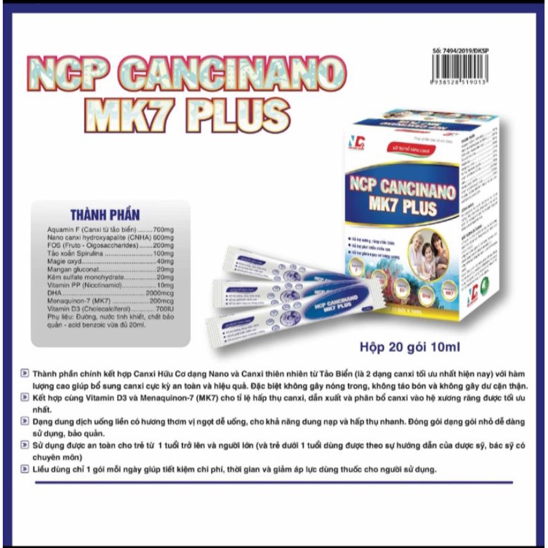 Gel canxi hữu cơ nano NCP CANXINANO MK7 PLUS bổ sung canxi cho trẻ còi xương suy dinh dưỡng, vàng da - Hộp 20 gói