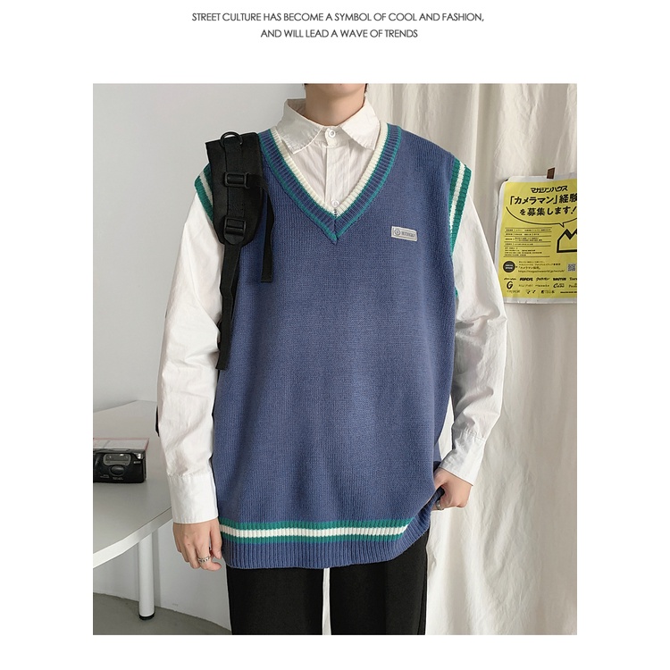 Áo sweater nam len cổ V không tay form rộng thời trang học sinh hàn quốc áo len mặc ngoài dáng unisex đi học đi chơi | BigBuy360 - bigbuy360.vn
