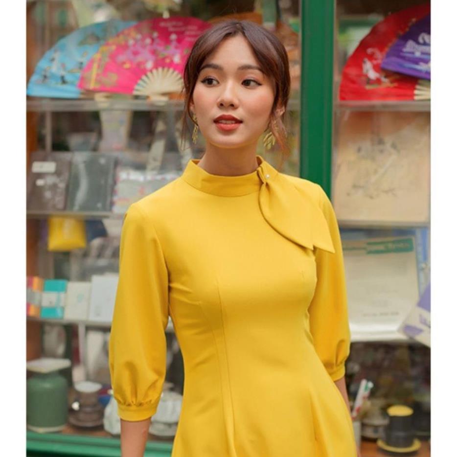 Váy Đầm Công Sở Nữ Tà A Cổ Nơ Tay Lở Dún Vải Dãn Nhẹ LATO | BigBuy360 - bigbuy360.vn