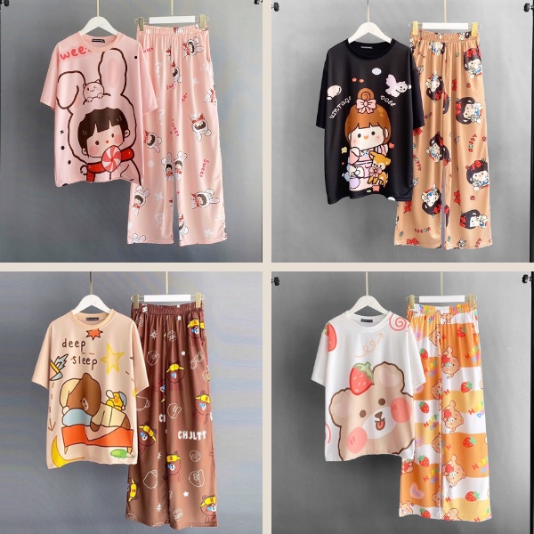Set áo quần dài nữ mặc nhà hoạt hình hoạ tiết dễ thương cartoon pants phong cách ulzzang ống suông form rộng SIB072