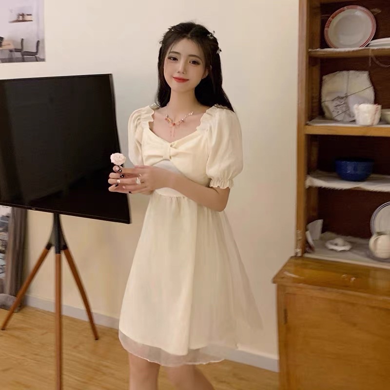 Đầm tay bồng babydoll dáng xòe họa tiết đính nơ kiểu công chúa siêu hot