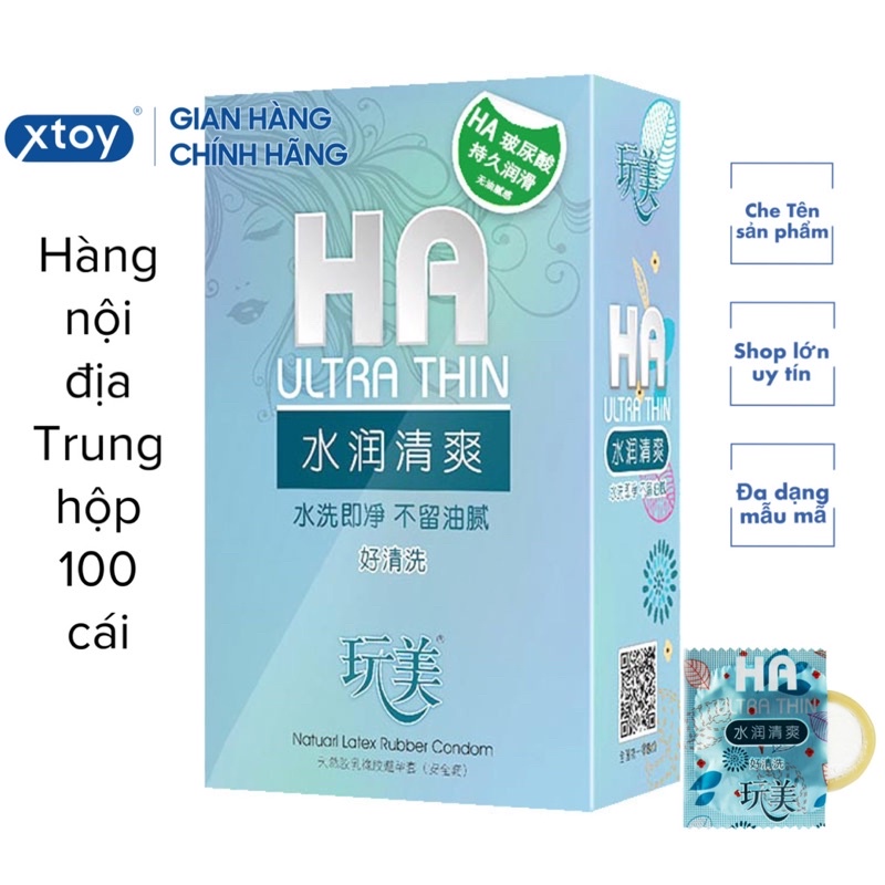 Bao Cao Su HA Ultra Thin hộp 100 cái, siêu mỏng, nhiều gel, bcs gia đình, nhà nghỉ, nội địa trung quốc