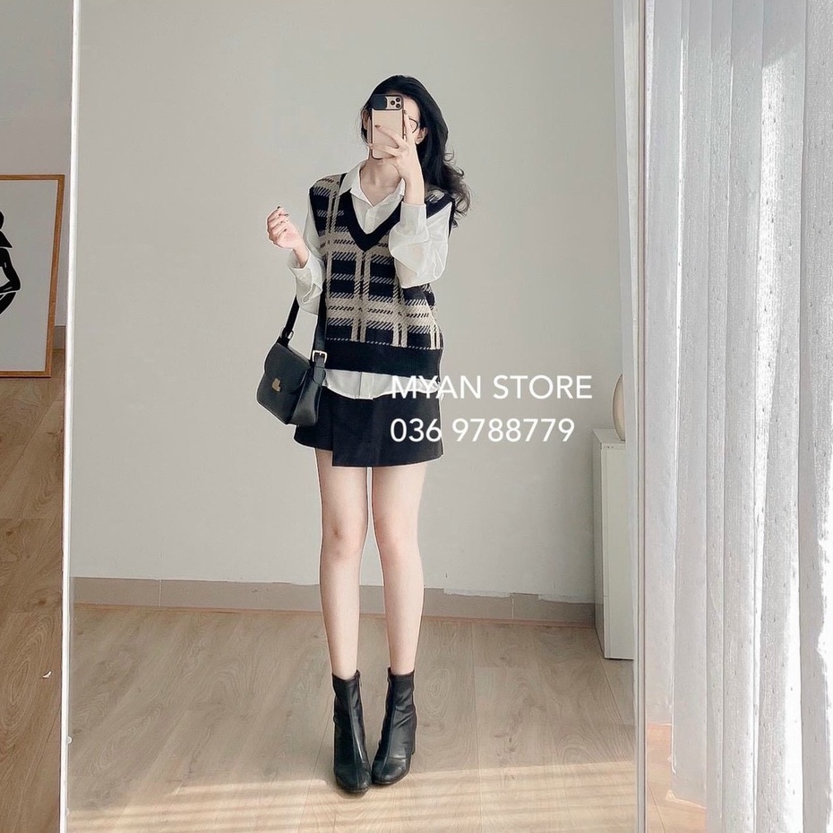 Áo gile nữ LOZADO áo gile len kẻ caro sọc xiên hottrend kiểu dáng Hàn Quốc A521