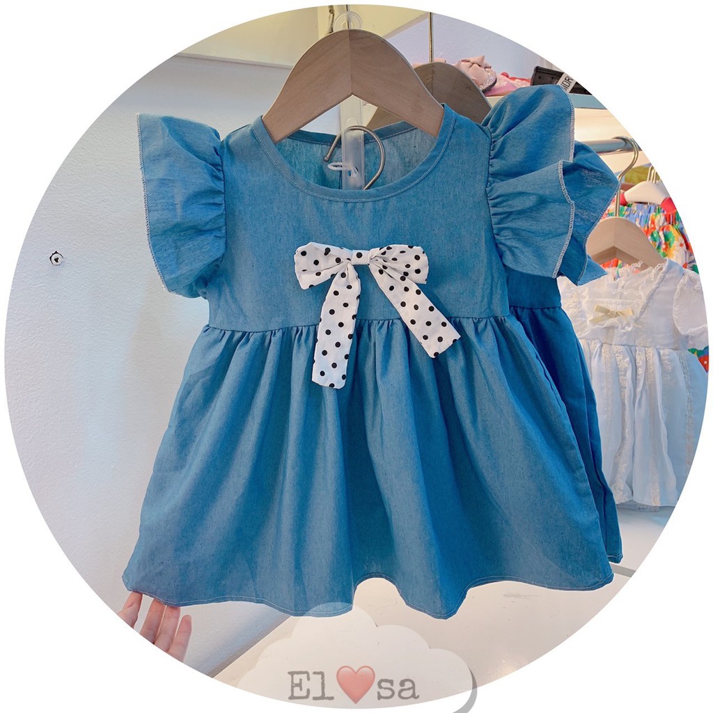 Váy bò Babydoll cánh tiên họa tiết nơ chấm bi siêu xinh cho bé 1-5 Tuổi [ELSAKIDS]