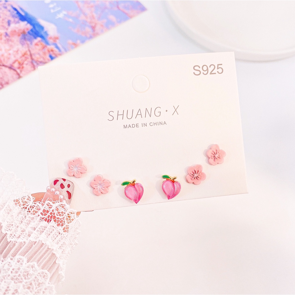 Set Bông tai,hoa tai, khuyên tai hình đào và hoa dễ thương phong cách Hàn Quốc