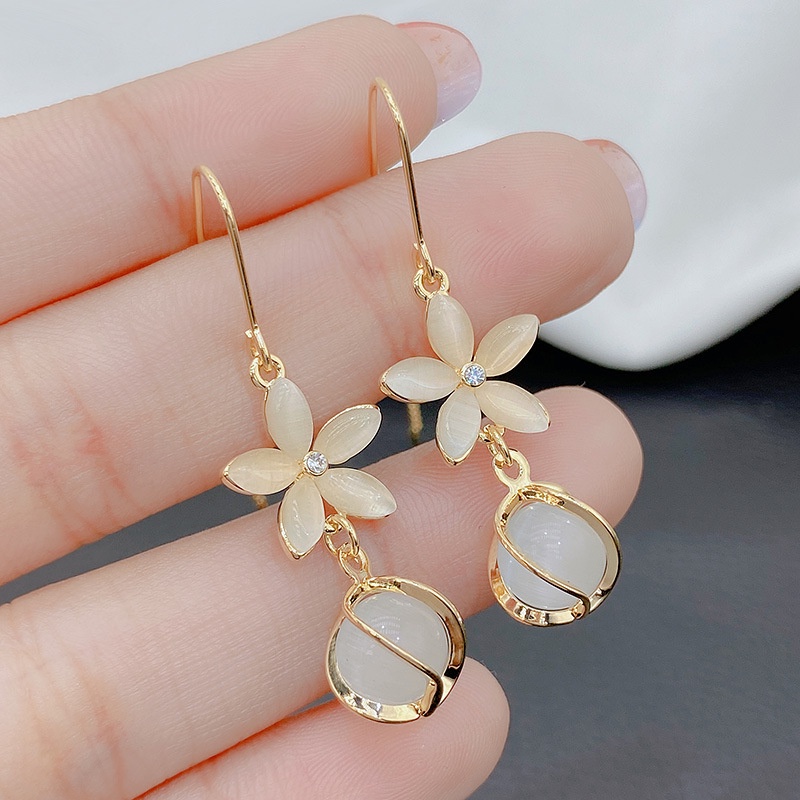 Bông Tai Dáng Dài Đính Đá Opal Hình Hoa Đơn Giản Thời Trang Cho Nữ PD802