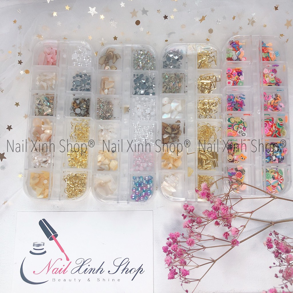 Khay trang trí móng nail, phụ kiện nail mix ( hộp 12 ô, mix xà cừ,đá, icon 3D, hoa)