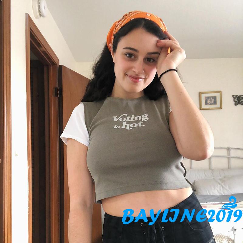 BAY-Women Short Sleeve Letter Print T-shirt Fashion Round Neck Color Block Crop Top for L | BigBuy360 - bigbuy360.vn