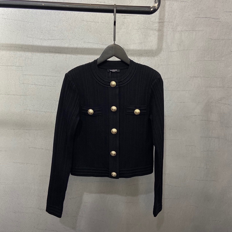 Áo len nữ mỏng cổ tròn khuy bấm ánh kim thương hiệu thời trang cao cấp Balmain