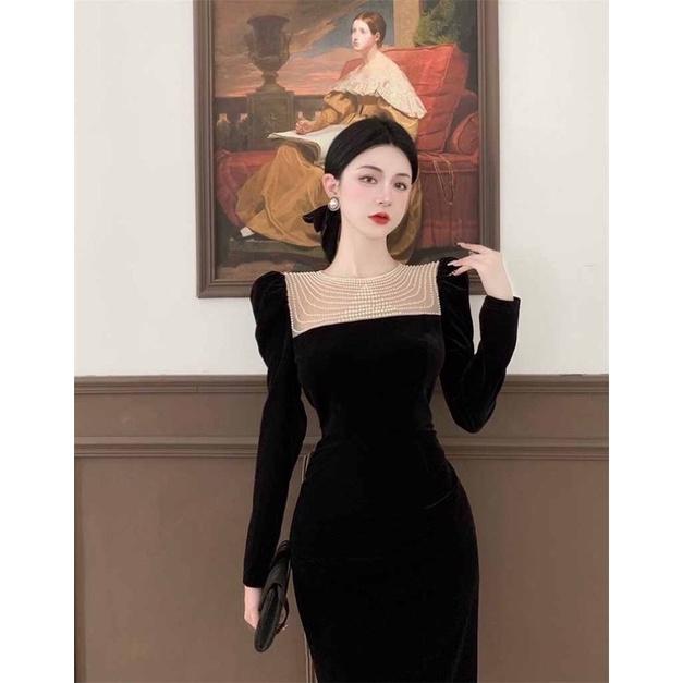 Đầm nhung body tay dài đính hạt