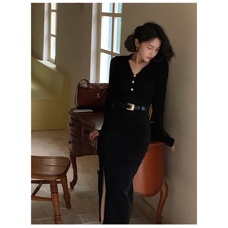 Áo thun COZOK dệt kim tay dài cổ chữ V xếp ly phong cách vintage