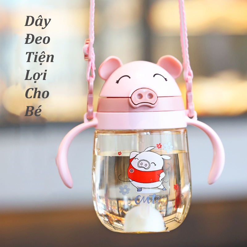 Bình uống nước chống sặc cho bé con heo bình tập uống nước cho bé 350ml có ống hút và dây đeo cute B6