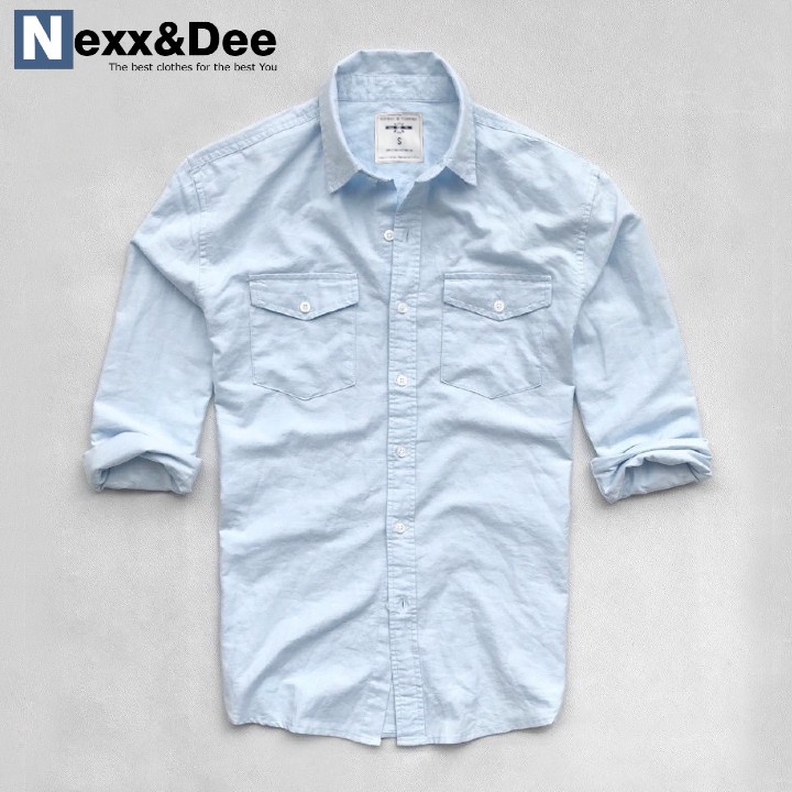 Áo sơ mi nam tay dài Nexx&Dee trắng hai túi công sở vải oxford denim jean cao cấp NS012