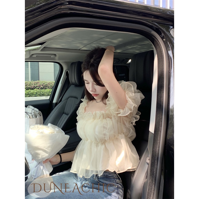 DUNEA Áo Kiểu Chiffon Tay Phồng Trễ Vai Phong Cách Quyến Rũ
