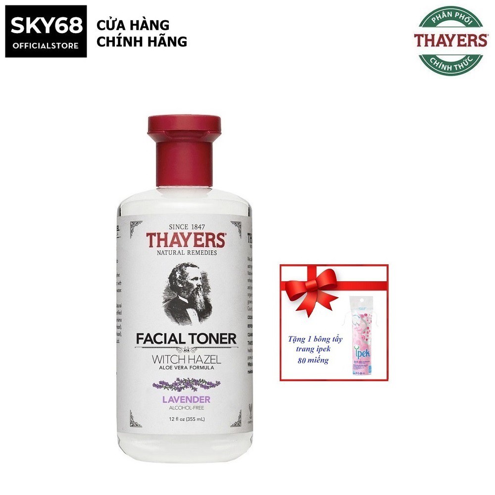 Nước Hoa Hồng Không Chứa Cồn Thayers Alcohol Free Witch Hazel Toner Lavender 355ml + Tặng bông tẩy trang ipek 80 miếng