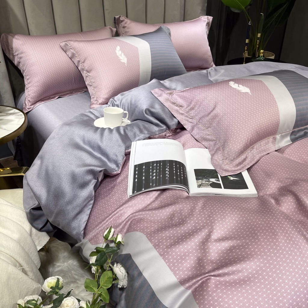 Bộ chăn ga gối lụa Tencel 100% 60s 5 món, siêu mát mịn, họa tiết hoa lá 3D sang trọng 2023 Hot selling