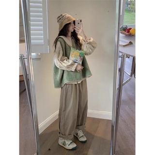 Set áo len gile xanh lá + áo sơmi + quần rộng