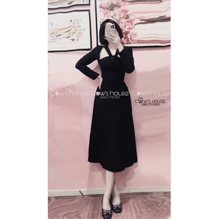 Đầm đen tay dài xoắn cổ xoè nhẹ ( có bigsize )