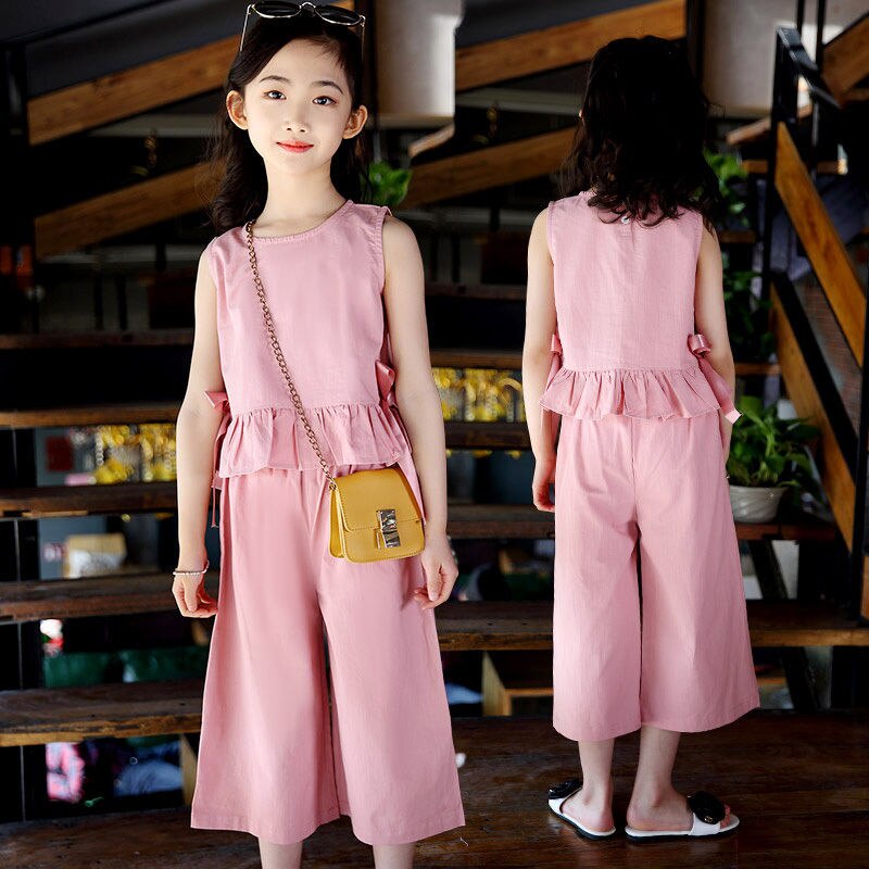 Bộ Áo Thun Không Tay + Quần Dài Dáng Rộng Chất Liệu Cotton Thời Trang Mùa Hè Dành Cho Bé Gái 5-12 Tuổi