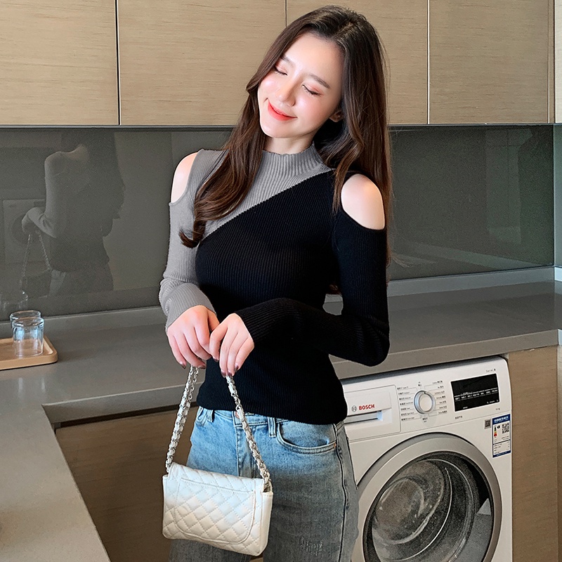 【ZHELIHANGFEI】Áo Sweater Dệt Kim Tay Dài Cổ Lọ Thiết Kế Trễ Vai Quyến Rũ