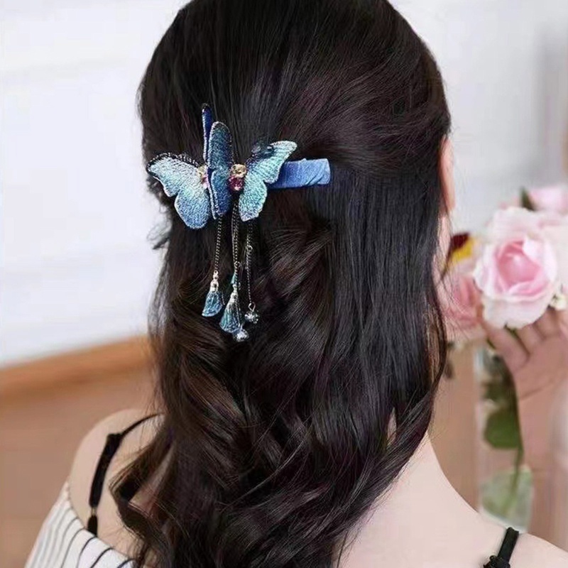 Trâm Cài Tóc Hình Bướm Phối Tua Rua Phong Cách Vintage Cho Nữ