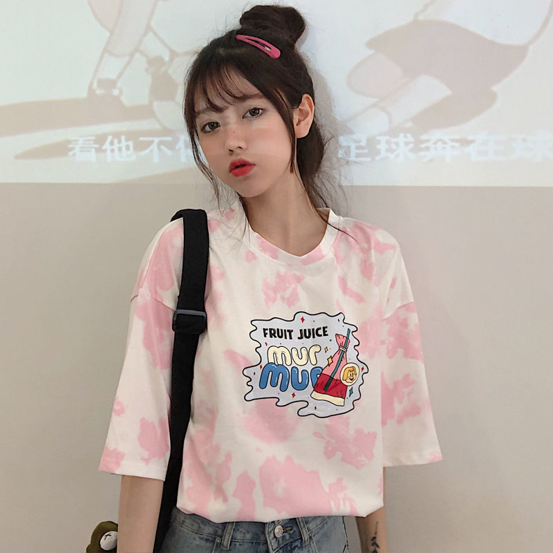 Korean women loose tie-dye T-shirt short sleeve large size