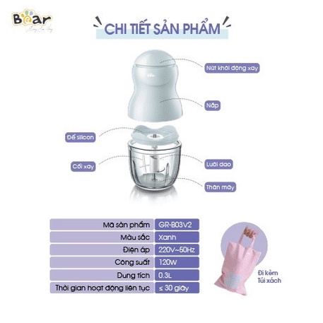 Máy xay đa năng Bear GR-B03V2 0,3L cho bé ăn dặm máy xay mini cầm tay Bear chính hãng bản quốc tế BH 18 tháng