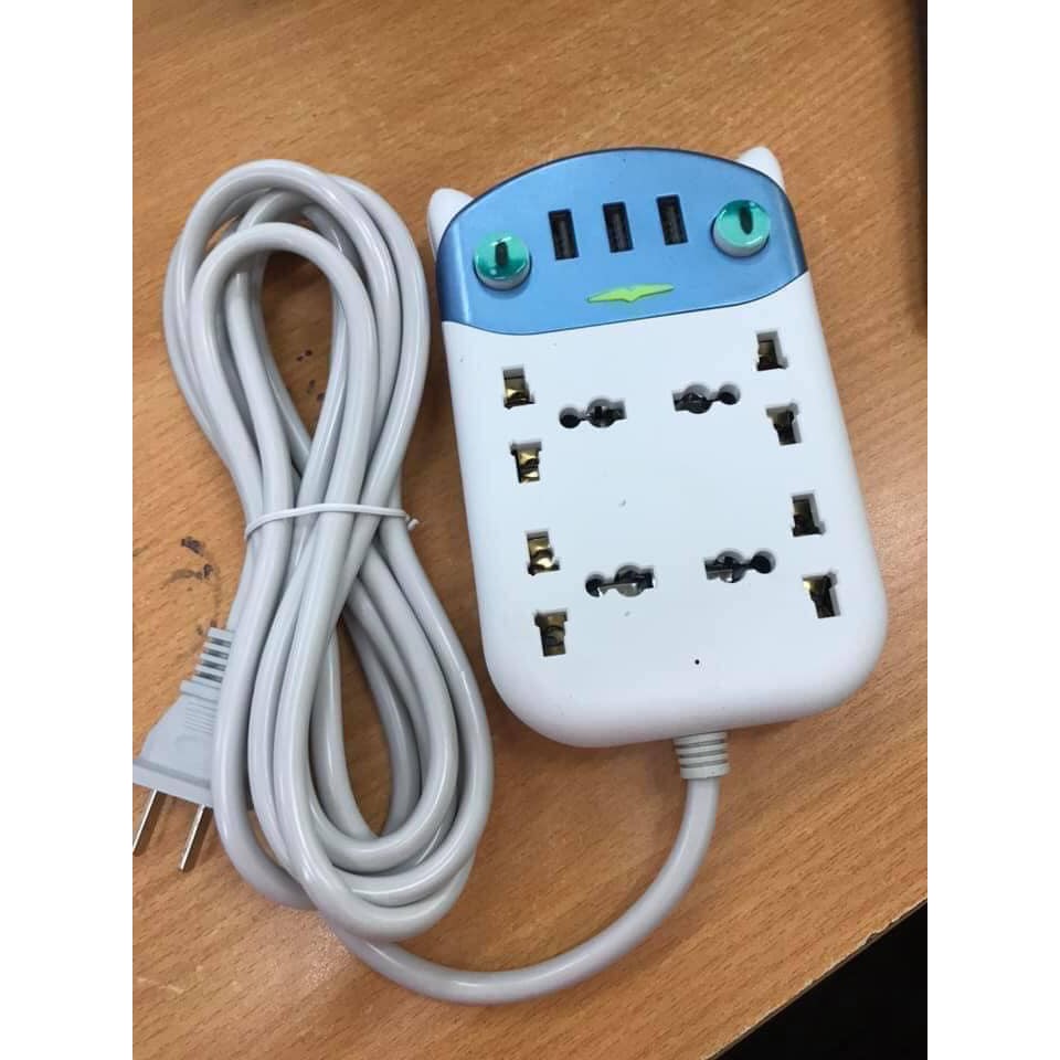 Ổ Cắm Điện Đa Năng Hình Mèo Có 3 Cổng USB Và 4 Chân Cắm Ổ Điện Chống Giật Thông Minh Dây Dài 1.5m