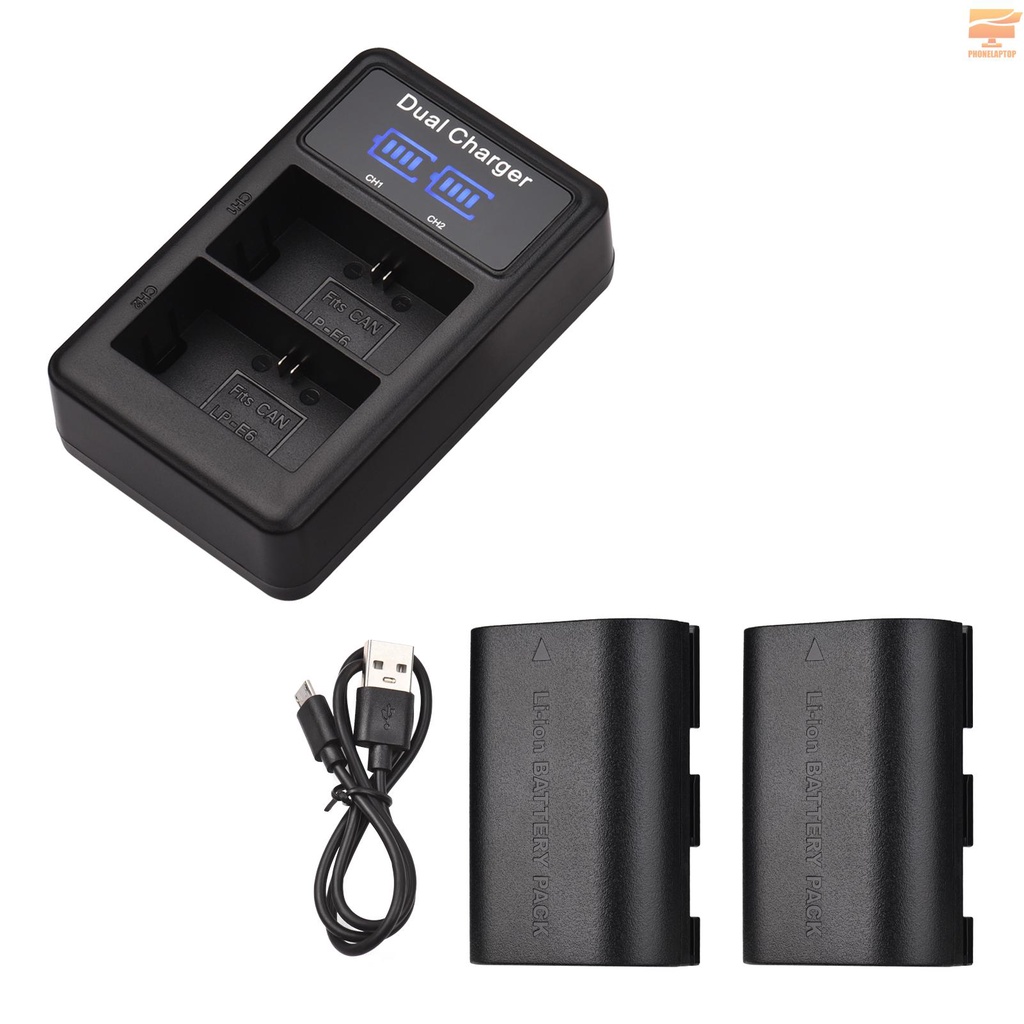 LP-E6/ E6N Battery & Charger Kit 2pcs 7.4V 2650mAh Battery + 1pc LED2-LPE6 Dual Channel Camera Battery Charger USB Port LCD Screen Display Replacement for Canon EOS 5D Mark II/III/IV 6D 7D 60D 70D 80D