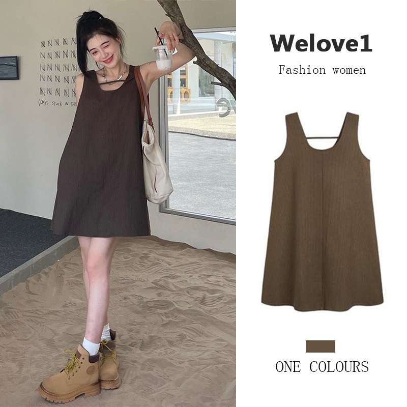 Đầm Dáng Chữ A Không Tay Thiết Kế Mỏng Họa Tiết Kẻ Sọc Màu Cà Phê Đơn Giản Thời Trang Mùa Hè Mới