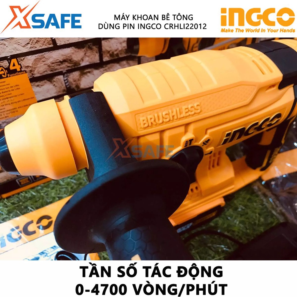 Máy khoan bê tông dùng pin 20V INGCO CRHLI22012 không chổi than, tốc độ 1350v/p, lực đập 1.5J, kèm 2 pin 4Ah 1 sạc