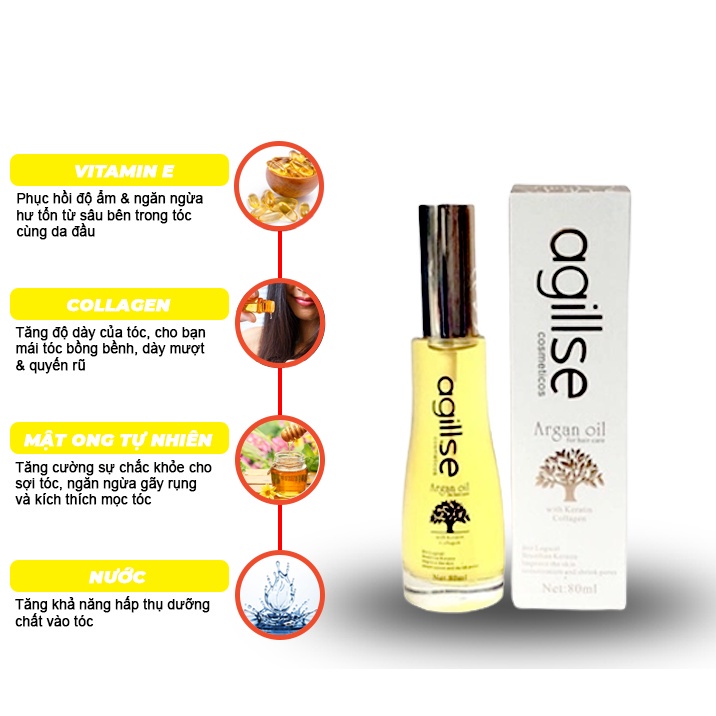Tinh Dầu Dưỡng Tóc thơm lâu phục hồi tóc hư tổn Agillse Argan Oil 80ml