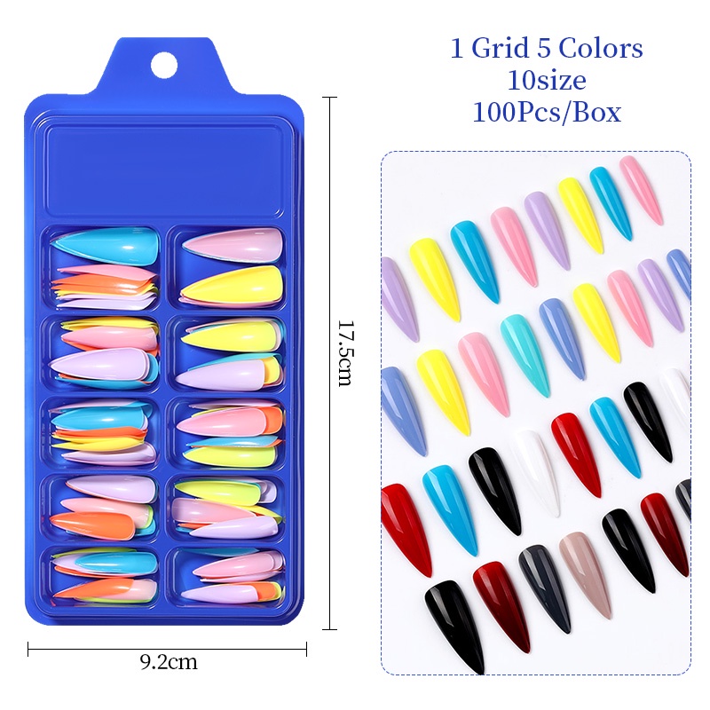 Bộ 100 móng tay giả UR SUGAR phủ toàn diện màu vàng/ xanh lá neon dáng coffin