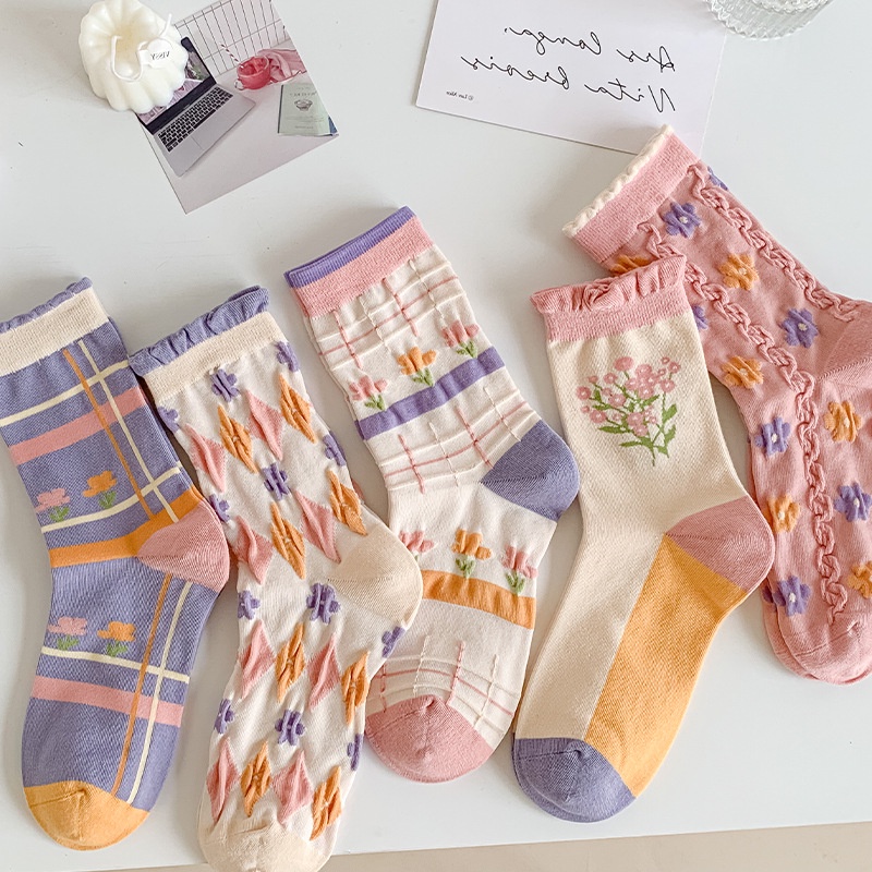 Vớ cổ cao  bông hoa sọc xoăn cổ hồng xanh pastel