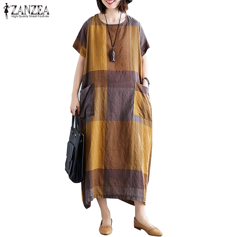 Đầm Maxi ZANZEA Tay Ngắn Họa Tiết Caro Cổ Điển Đơn Giản Cho Nữ