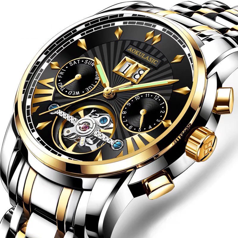 Đồng Hồ Cơ Nam AOKULASIC AUTOMATIC Dây Thép Đúc Đặc Khóa Bướm Kính Tráng Saphia Chạy Lịch Tháng, Ngày, Thứ Cao Cấp AOK79