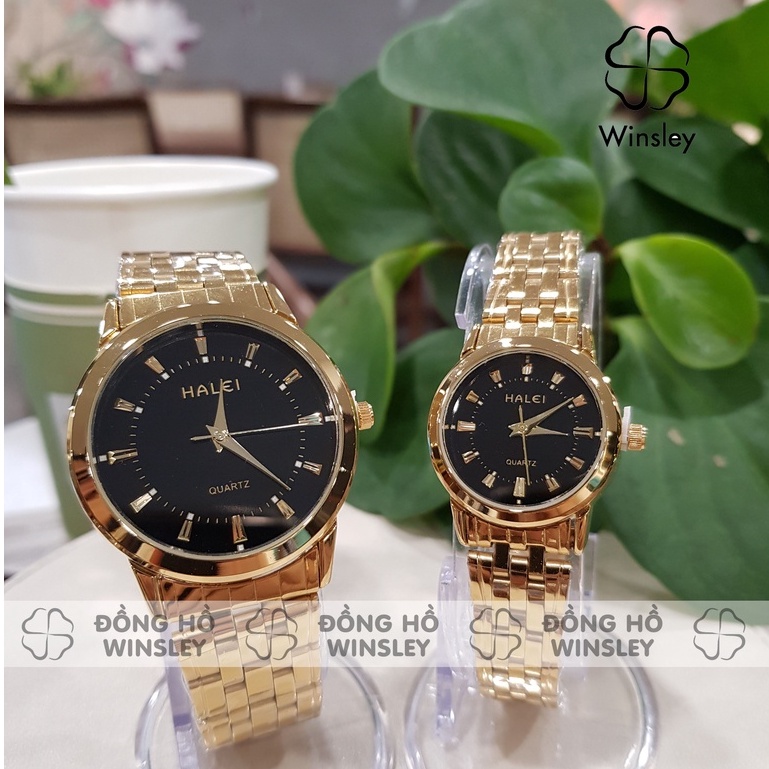 Đồng hồ đôi nam nữ đeo tay cặp chính hãng Halei dây kim loại đẹp vàng giá rẻ thời trang