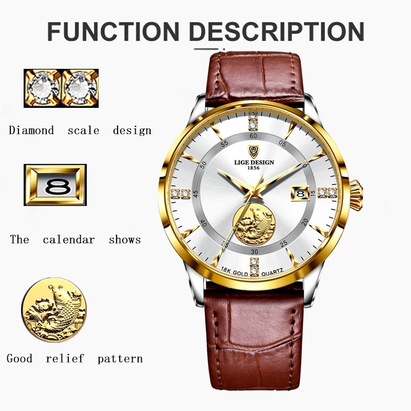 Đồng hồ thạch anh mặt số siêu mỏng 7mm LIGE 2021 có lịch dây da chống nước + Hộp dành cho nam | BigBuy360 - bigbuy360.vn