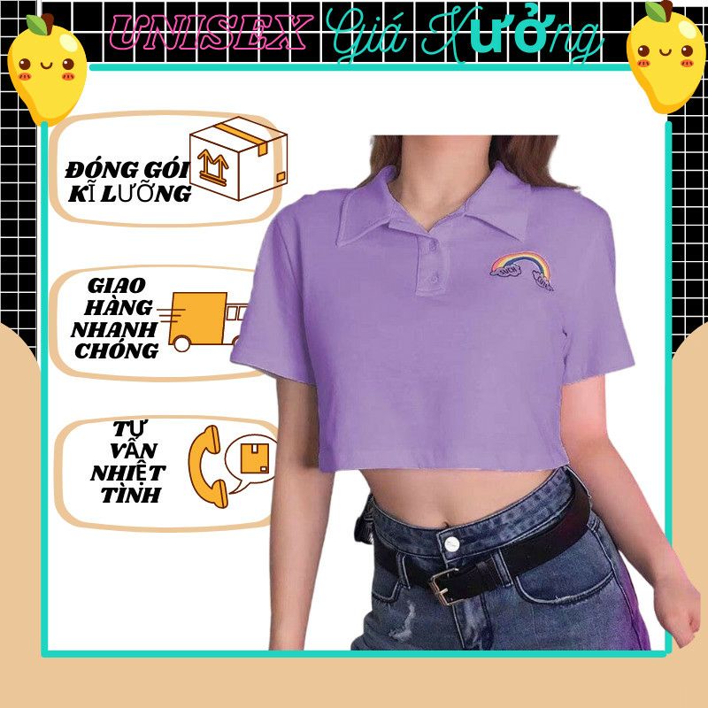 Áo croptop cổ bẻ polo nữ tay lỡ , from rộng, freesize , thun cotton mềm mịn