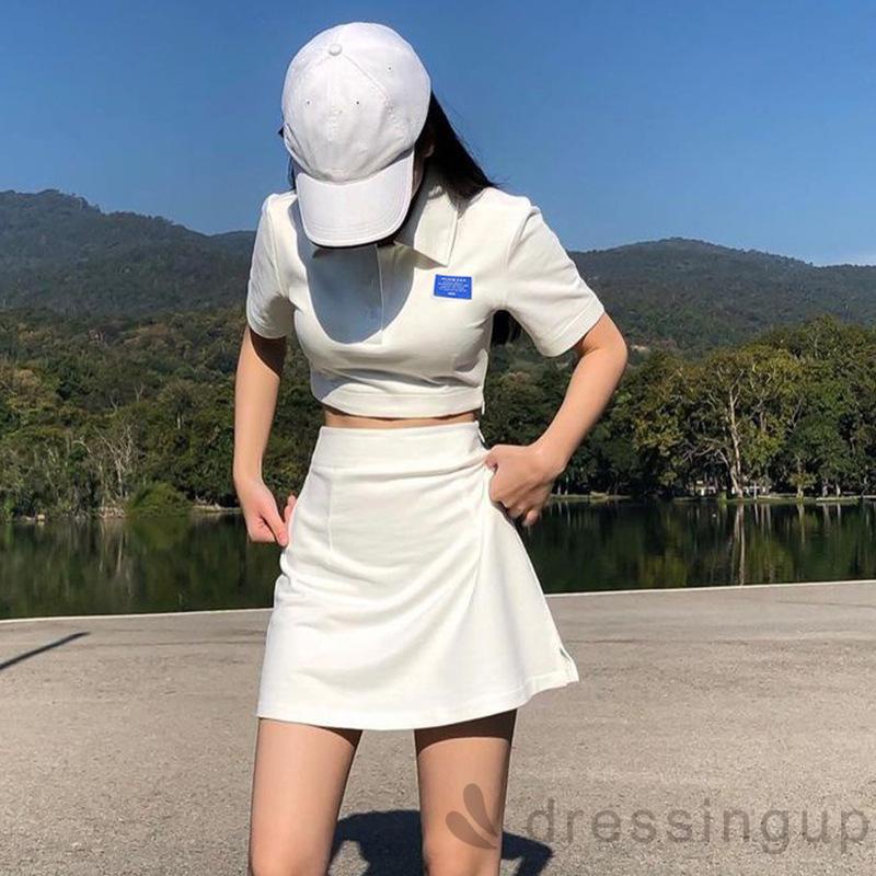 Set Áo Croptop Tay Ngắn Cổ Bẻ Phối Chân Váy Lưng Cao Màu Sắc Trơn Thời Trang Quyến Rũ Cho Nữ