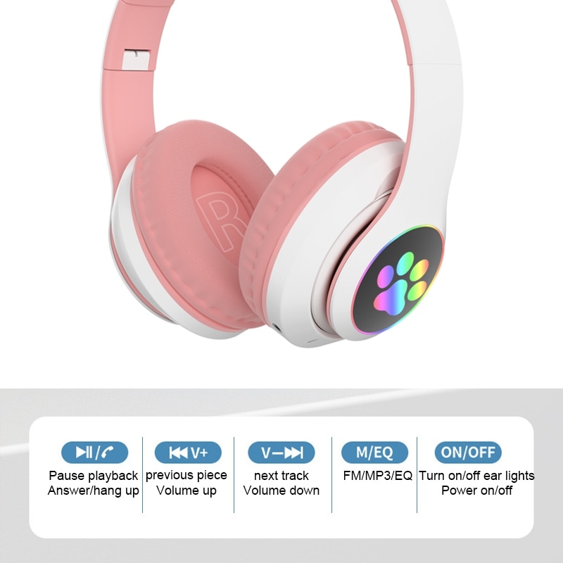 Đèn nháy Đèn nháy Tai mèo dễ thương Tai nghe không dây Bluetooth có Mic Có thể điều khiển LED Kid Girl Âm thanh nổi Mũ bảo hiểm Tai nghe Điện thoại Quà tặng