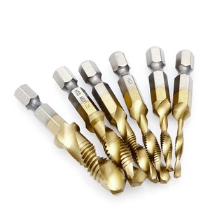 Bộ gồm 6 mũi khoan tạo ren trong 6 size m3-m4-m5-m6-m8-m10, doa âm mũi vít, đường kính chuôi lục giác 6 ly