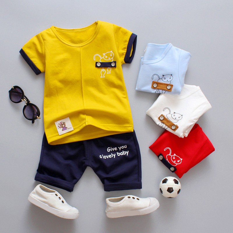 Bộ Áo Thun Ngắn Tay + Quần Short Cotton Thời Trang Mùa Hè Cho Bé Trai