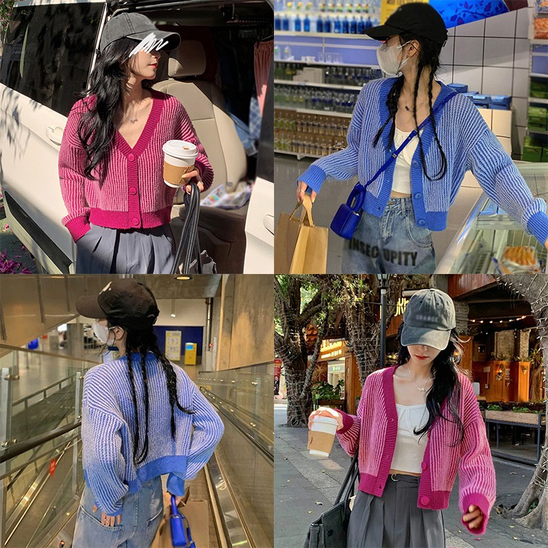 Áo Khoác Cardigan Dệt Kim Cổ Chữ V Họa Tiết Kẻ Sọc Màu Tương Phản Phong Cách Hàn Quốc Cho Nữ