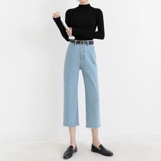 Quần Ống Rộng Xanh Nhạt 9 Tấc Cotton Trơn Tua Lai - Quần Jean Ống Rộng Size Đại - Lưng Cao
